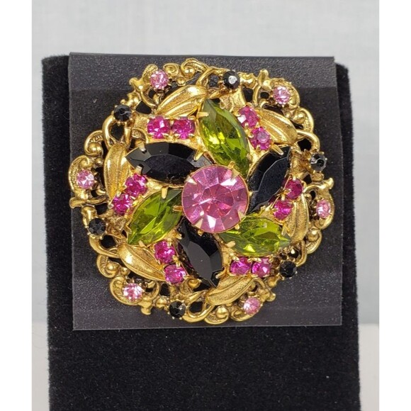 Vintage Molded Pink Green Black Crystal RhinestoneDome Brooch Pin